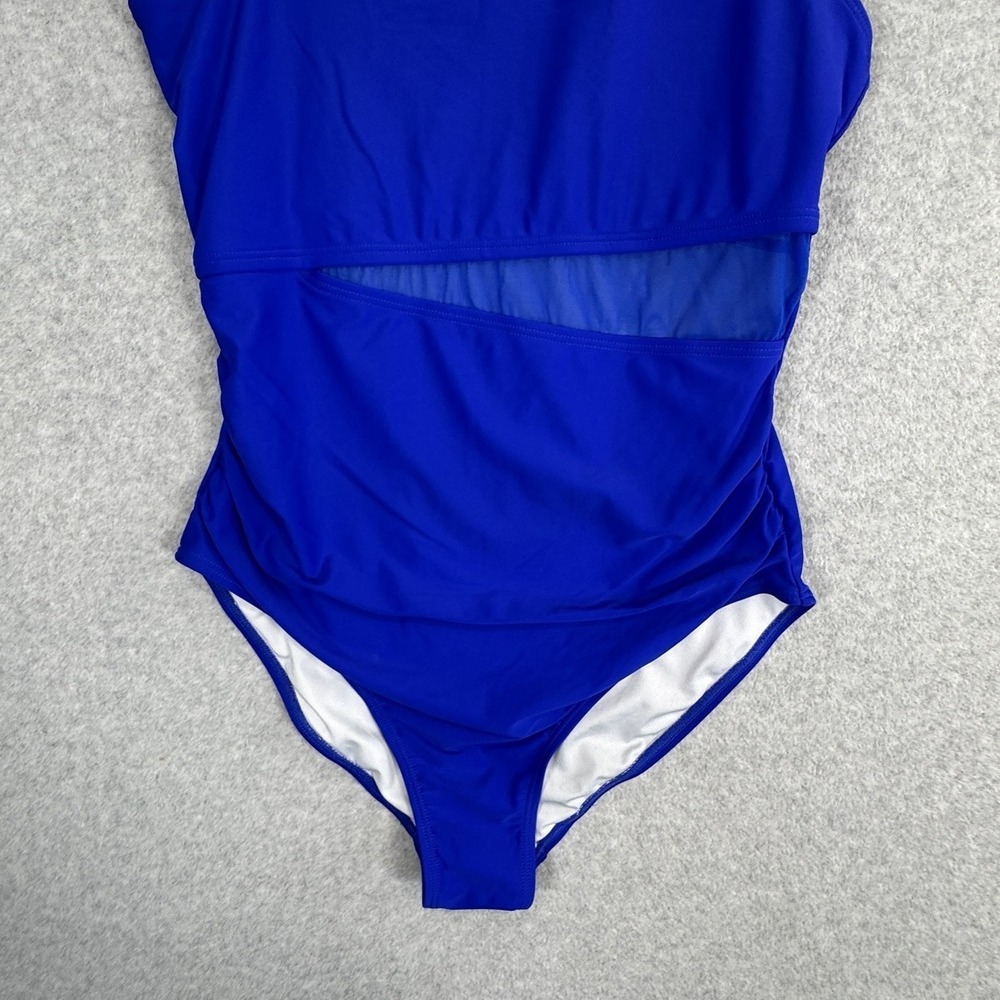 Charmo‎ One Piece Swimsuit L Royal Blue Shoulder Mesh Ruched NWOT Tummy Control - Picture 2 of 12